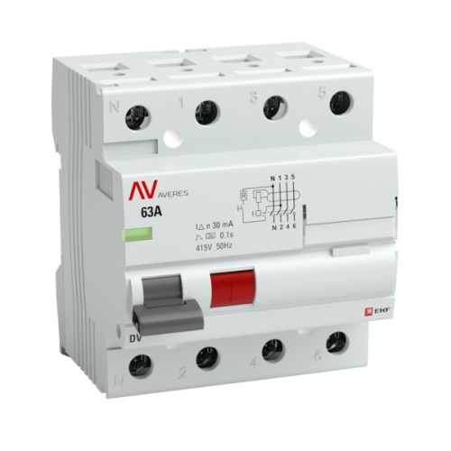 Выключатель дифференциальный (УЗО) DV (селективный) 4п 80А 100мА тип AC AVERES | код. rccb-4-80-100-s-av | EKF